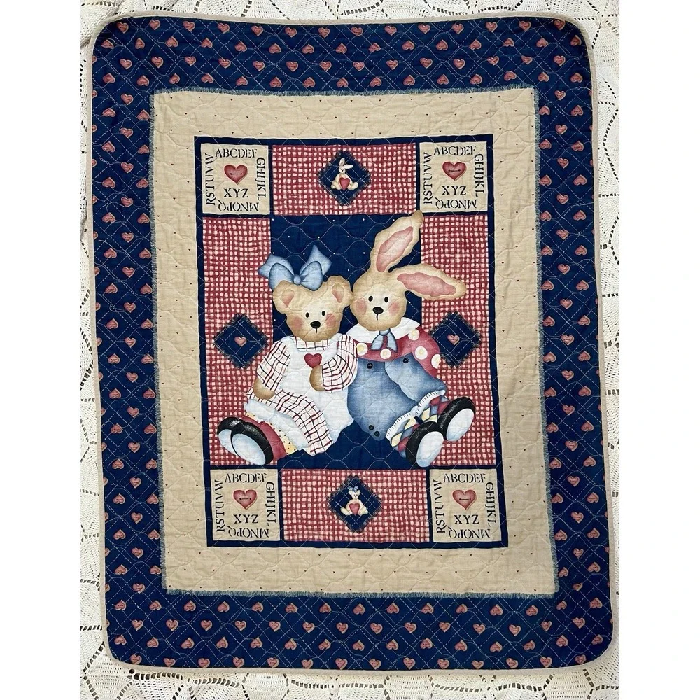 Vintage Teddy Bear Baby Quilt Blanket Red Blue Hearts Cottagecore Daisy Kingdom